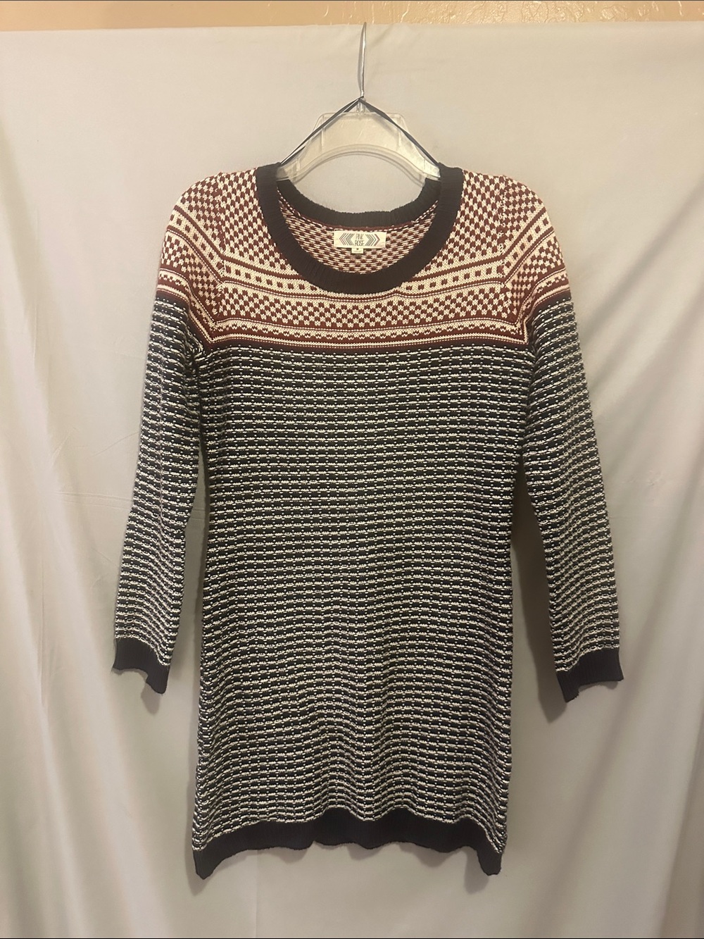 Women's Long Knit Sweater Dress- Black, White & Burgundy
